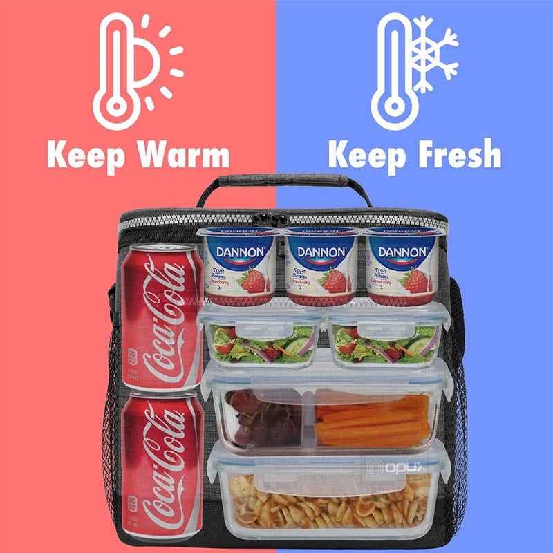 opux Extra Large Insulated Lunch Box Men Women, Lunch Bag for Work, Leakproof Soft Cooler Tote Adult, Lunch Pail, Picnic Beach Collapsible Food Bag with Shoulder Strap, Charcoal - Image 2